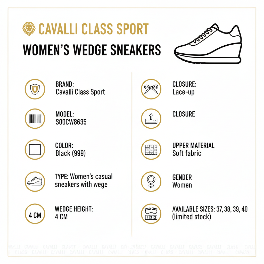 Infografica tecnica Cavalli Class Sport sneakers donna S00CW8635 con specifiche zeppa 4cm