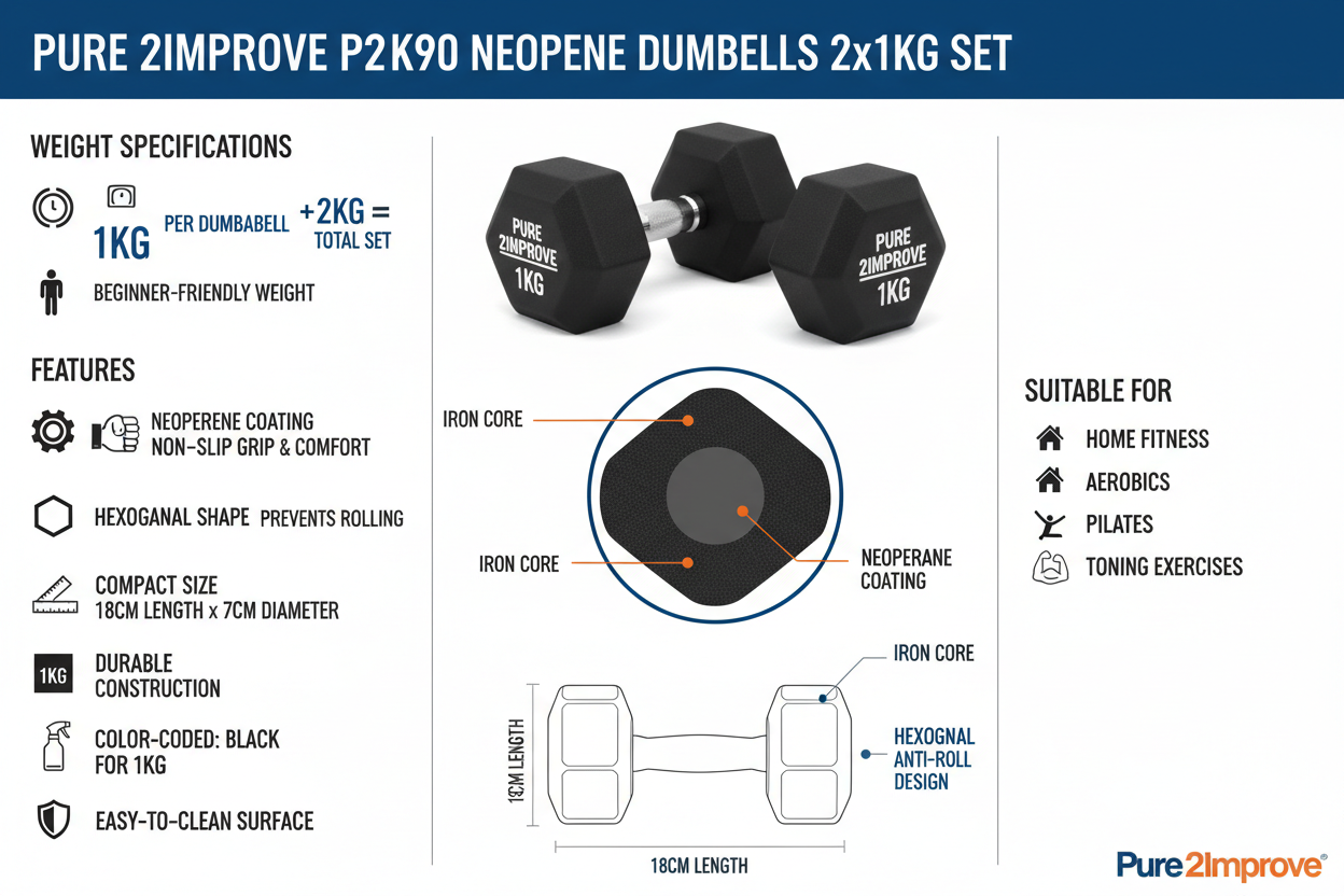 Infografica tecnica Pure 2Improve P2I201390 manubri neoprene 2x1kg nero: esagonali, grip antiscivolo, home fitness