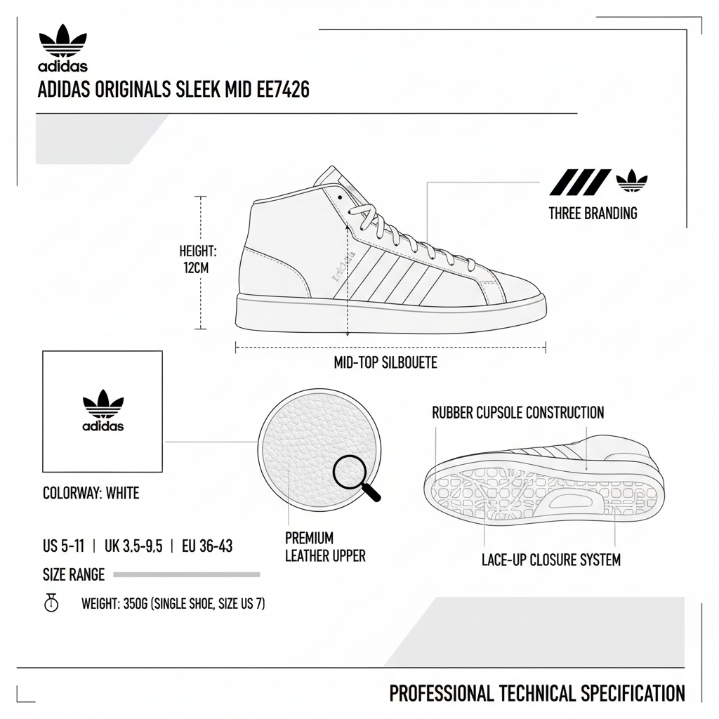Infografica tecnica Adidas Sleek Mid EE7426 - sneakers mid-top pelle premium, suola cupsole, tre strisce, peso 320g, taglie 36-42