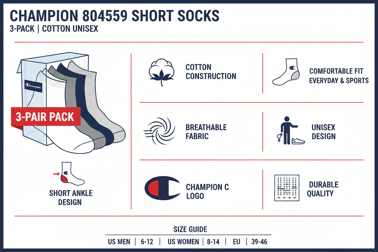 Infografica tecnica Champion 804559 calze corte 3 paia: cotone, traspiranti, logo C, unisex, everyday wear