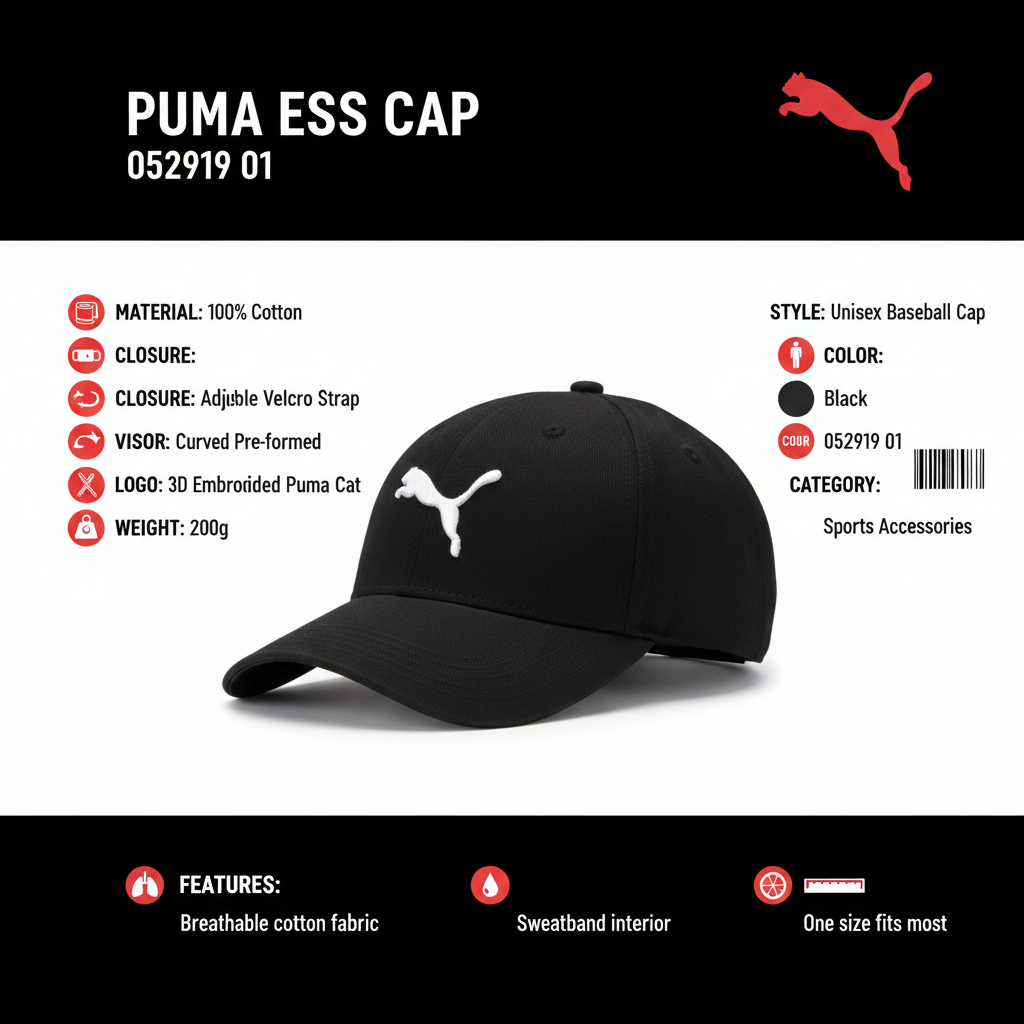 Puma ESS Cap 052919 01 specifiche tecniche: 100% cotone, visiera curva, logo 3D ricamato, regolazione velcro, peso 200g, cappellino unisex nero