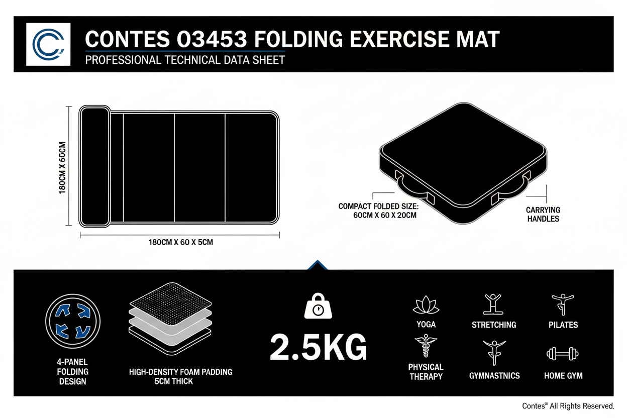 Infografica tecnica Contes 03453 tappetino pieghevole nero-argento: 5cm imbottito, 4 pannelli, maniglie, 180x60cm