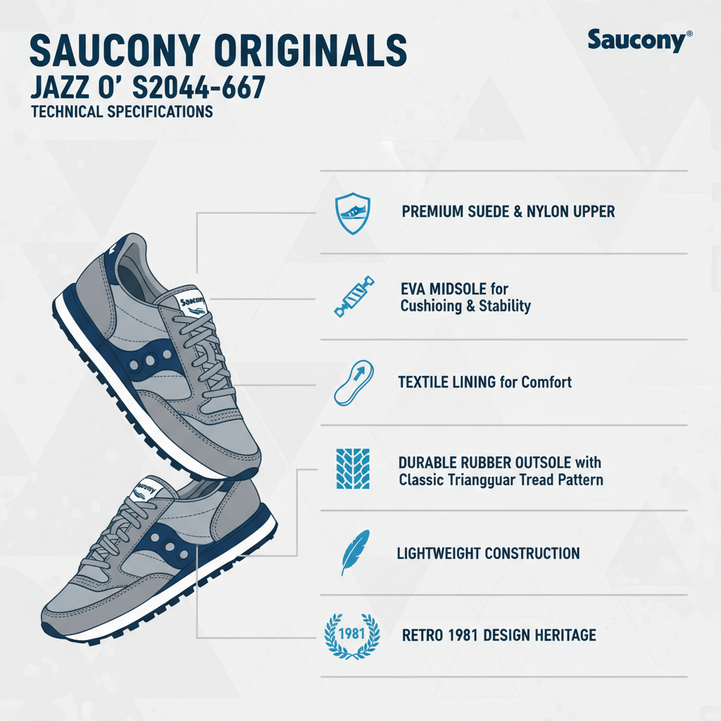 Saucony Jazz Original S2044-667 specifiche tecniche: tomaia suede nylon, intersuola EVA, peso 280g, suola triangolare, sneakers uomo grigio navy