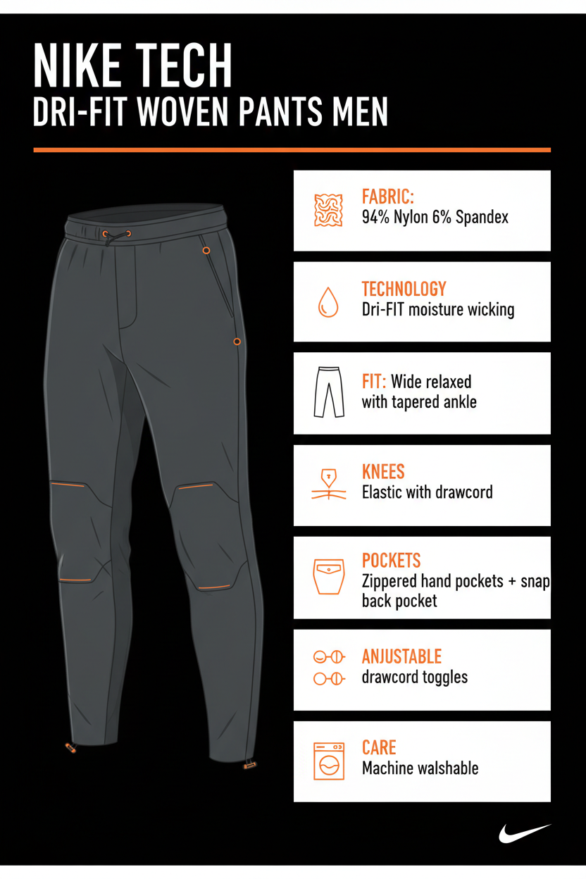 Infografica tecnica Nike Tech pantaloni Dri-FIT uomo: 94% nylon 6% spandex, fit ampio, ginocchia preformate, tasche zip, laccetti caviglia regolabili, elastico vita