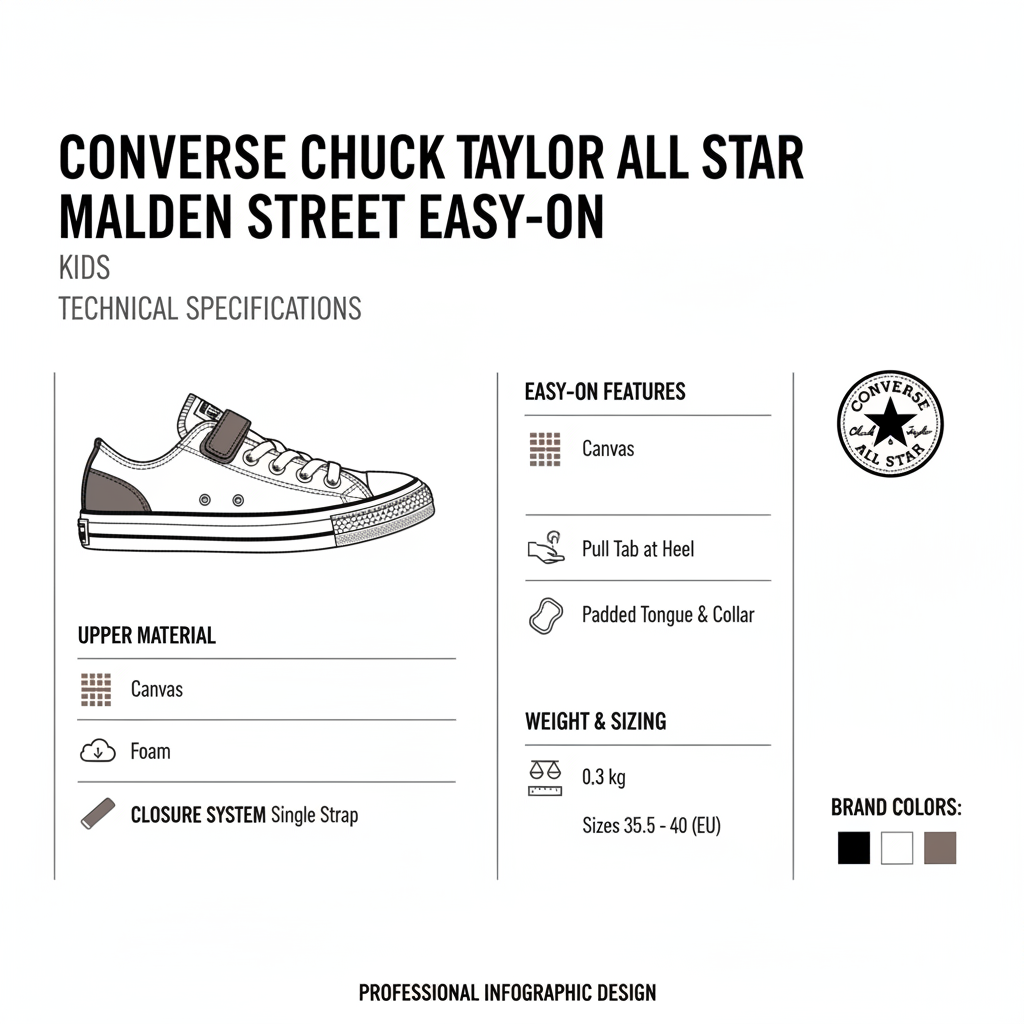 Infografica tecnica Converse Chuck Taylor All Star Malden Street Easy-On A15843C con specifiche materiali, ammortizzazione foam, chiusura strappo, taglie disponibili