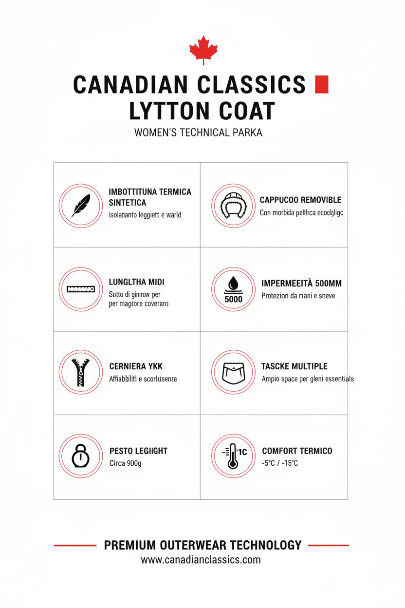 Infografica tecnica Canadian Classics Lytton Coat: imbottitura termica, cappuccio pelliccia eco, -15°C, impermeabilità, YKK