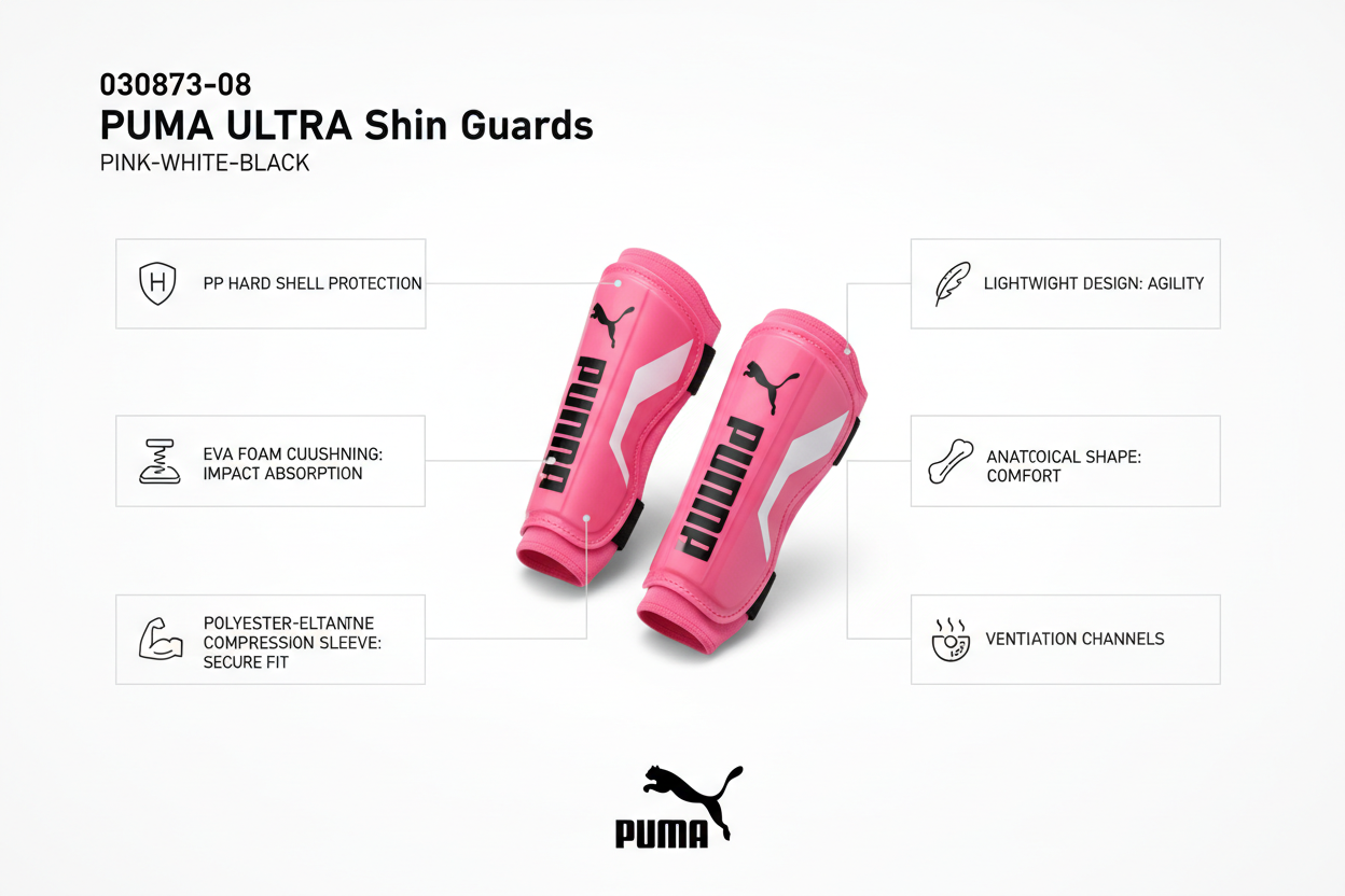Puma parastinchi Ultra 030873-08 caratteristiche: guscio PP rigido, imbottitura EVA, manica compressione poliestere elastan, design anatomico, ventilazione, peso 80g