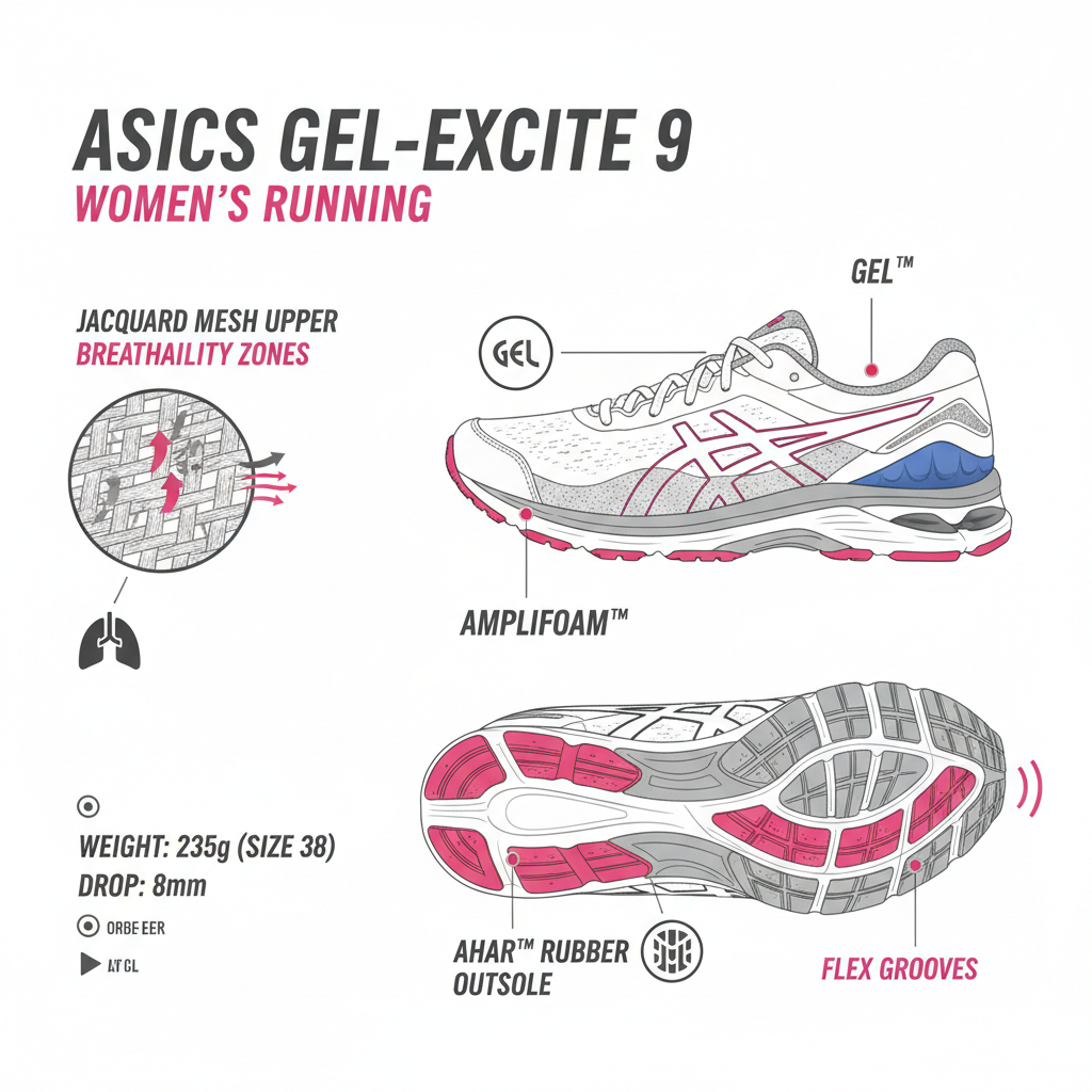 Infografica tecnica Asics Gel Excite 9 donna: GEL ammortizzazione, AMPLIFOAM intersuola, mesh jacquard, 235g, drop 8mm