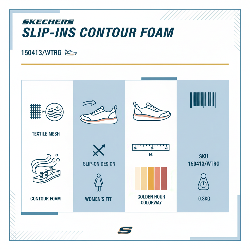 Infografica tecnica Skechers Slip-ins Contour Foam Golden Hour 150413 - mesh traspirante, memory foam, slip-on hands-free, taglie 36-41 donna