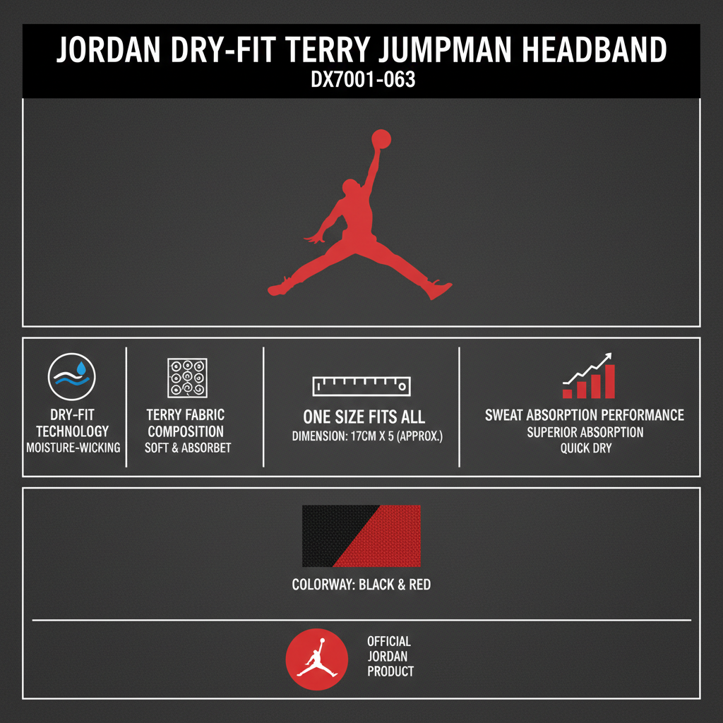 Infografica tecnica fascia Jordan Dry-Fit Terry Jumpman DX7001-063 - tecnologia assorbimento sudore, tessuto Terry, taglia unica