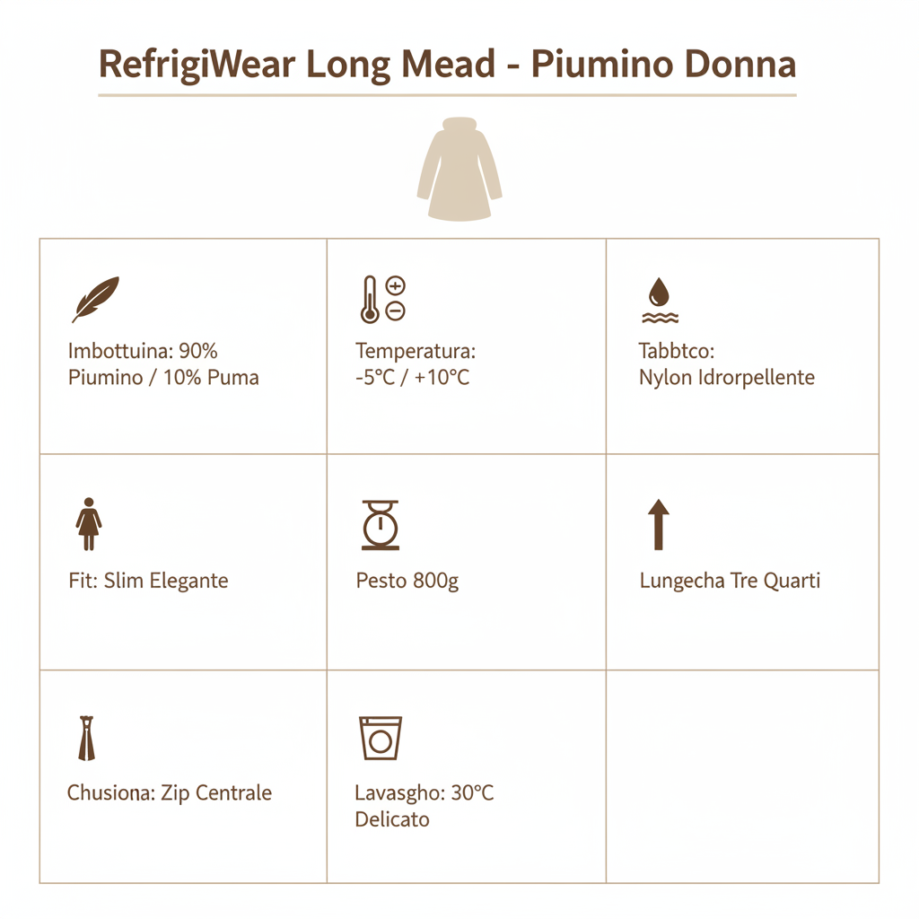 Infografica tecnica RefrigiWear Piumino Long Mead W98108 - Caratteristiche imbottitura temperatura fit tessuto lavaggio