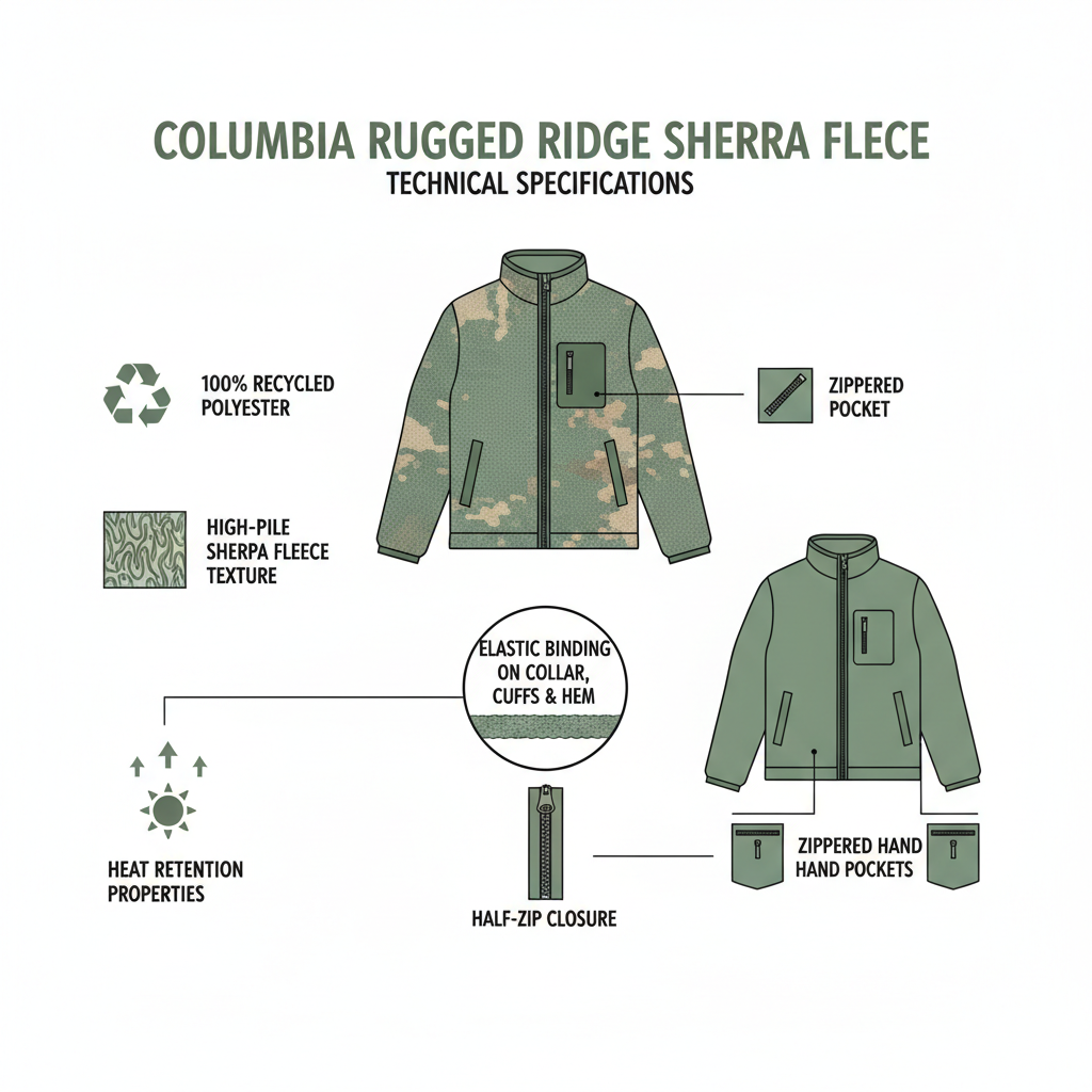 Infografica tecnica Columbia Rugged Ridge pile sherpa: 100% poliestere riciclato, mezza zip, tasche zip, bordature elastiche