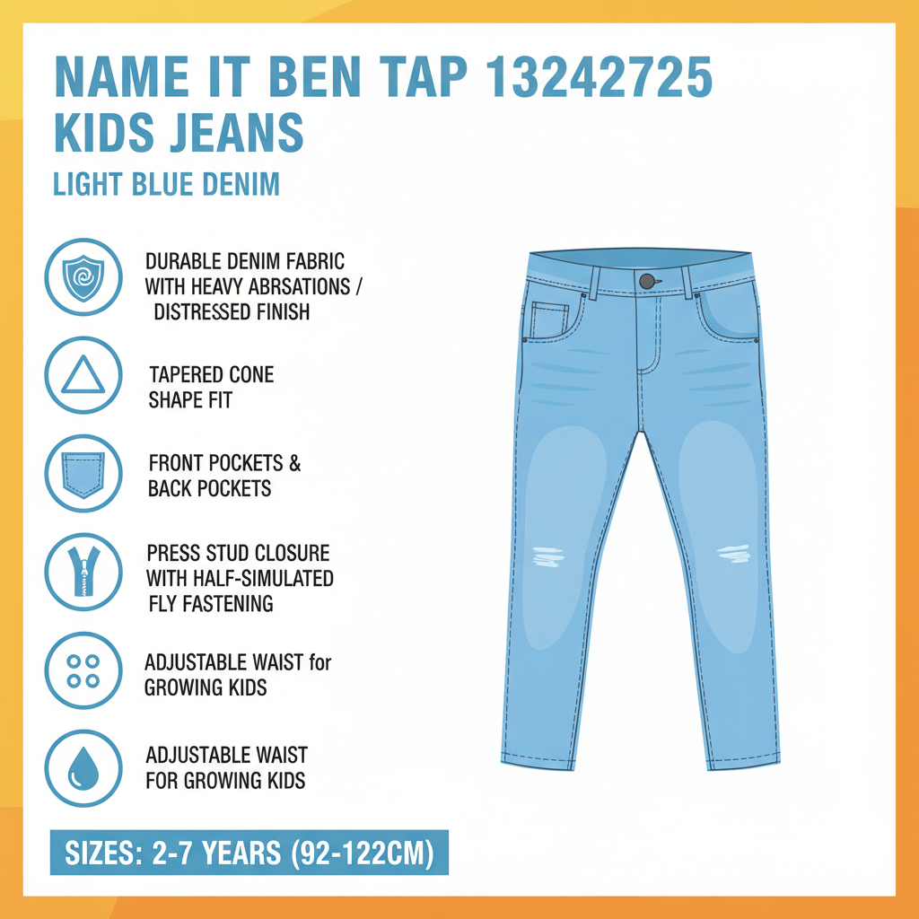 Name It Ben Tap 13242725 jeans bambino specifiche tecniche: denim resistente, fit conico, vita regolabile, tasche, abrasioni heavy, blu chiaro