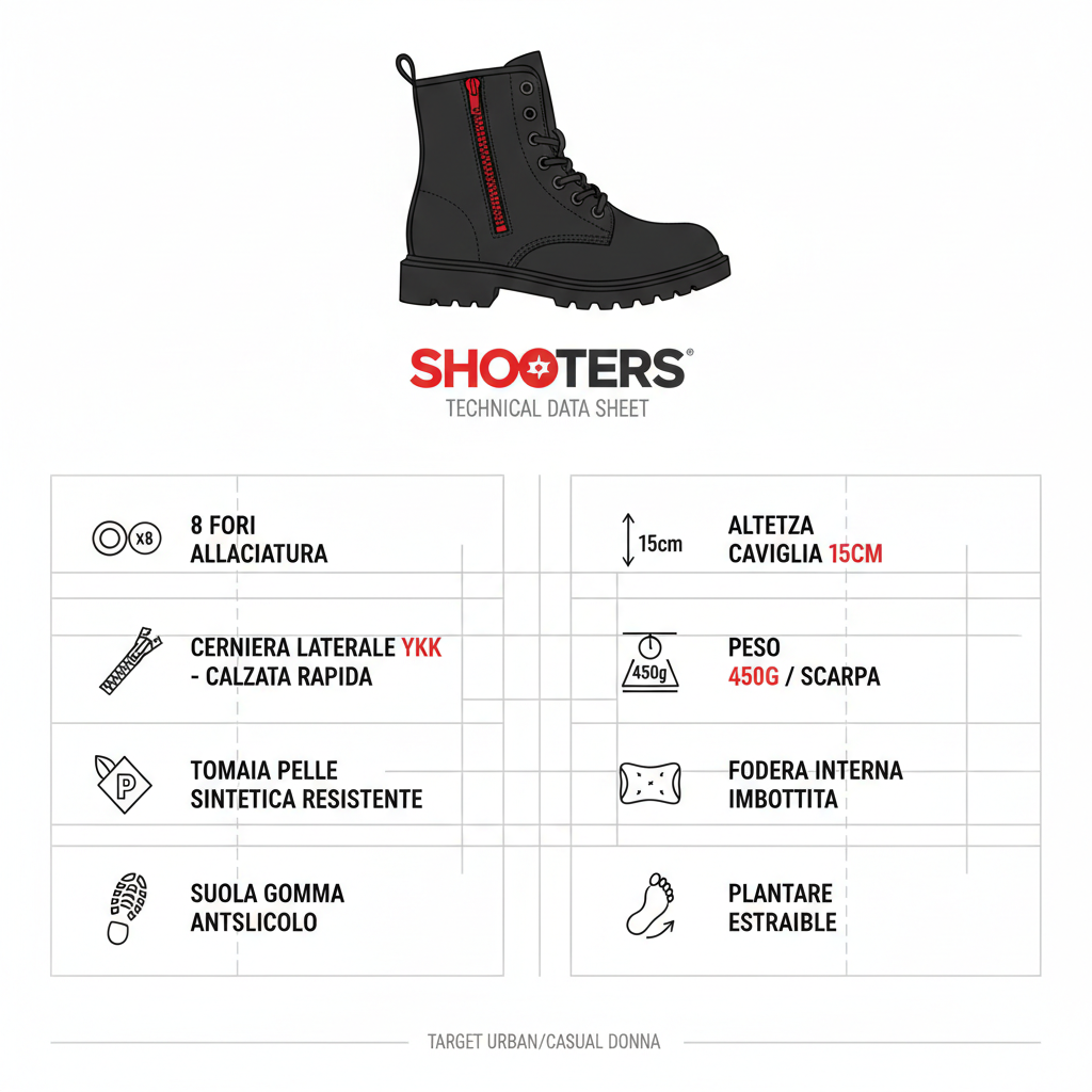Infografica tecnica Shooters S14108-01: 8 fori, cerniera YKK, suola antiscivolo, altezza 15cm, peso 450g