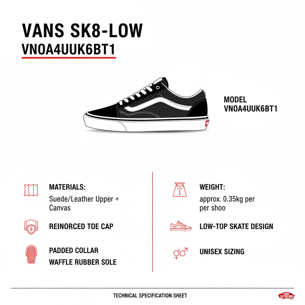 Infografica tecnica Vans Sk8-Low VN0A4UUK6BT1 specifiche materiali suola waffle punta rinforzata