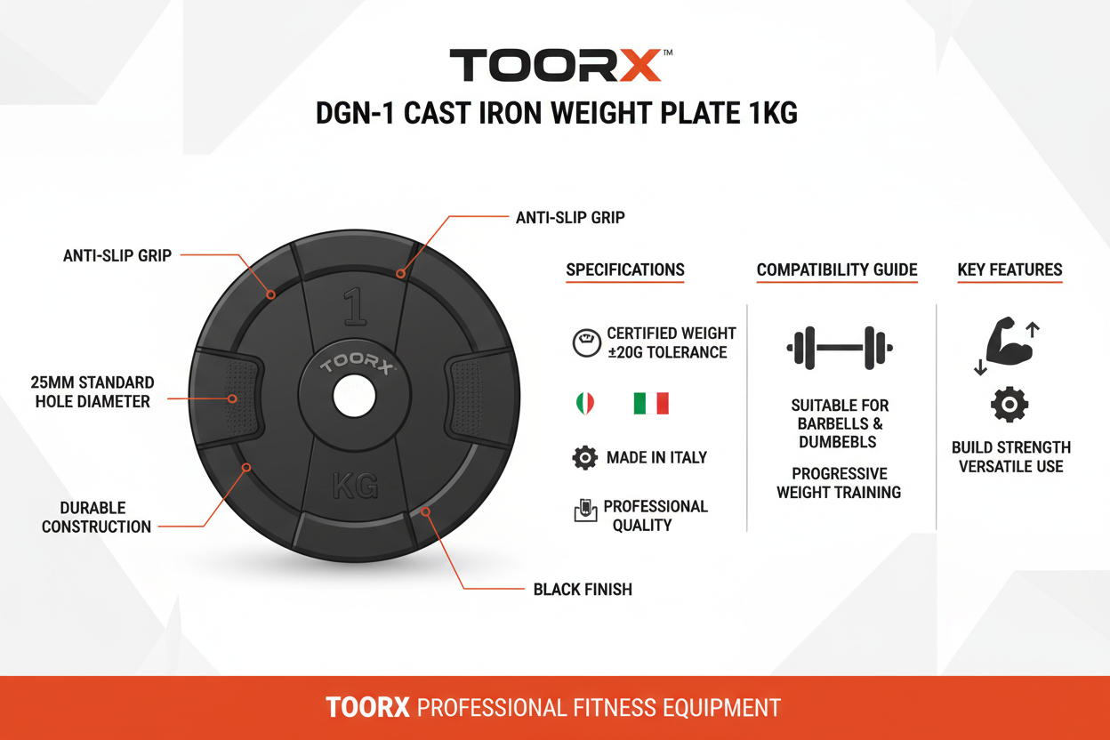 Infografica tecnica Toorx DGN-1 disco ghisa 1kg: foro 25mm, grip antiscivolo, Made Italy, certificato ±20g