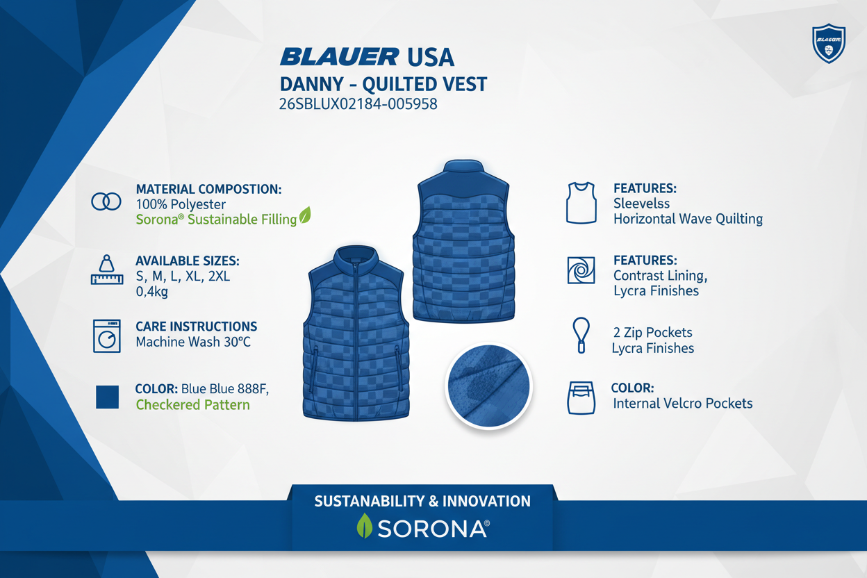 Infografica tecnica Gilet Blauer Danny 26SBLUX02184-005958 uomo blu quadri: imbottitura Sorona sostenibile, taglie S-2XL, peso 0.4kg, trapuntatura onde, layering versatile
