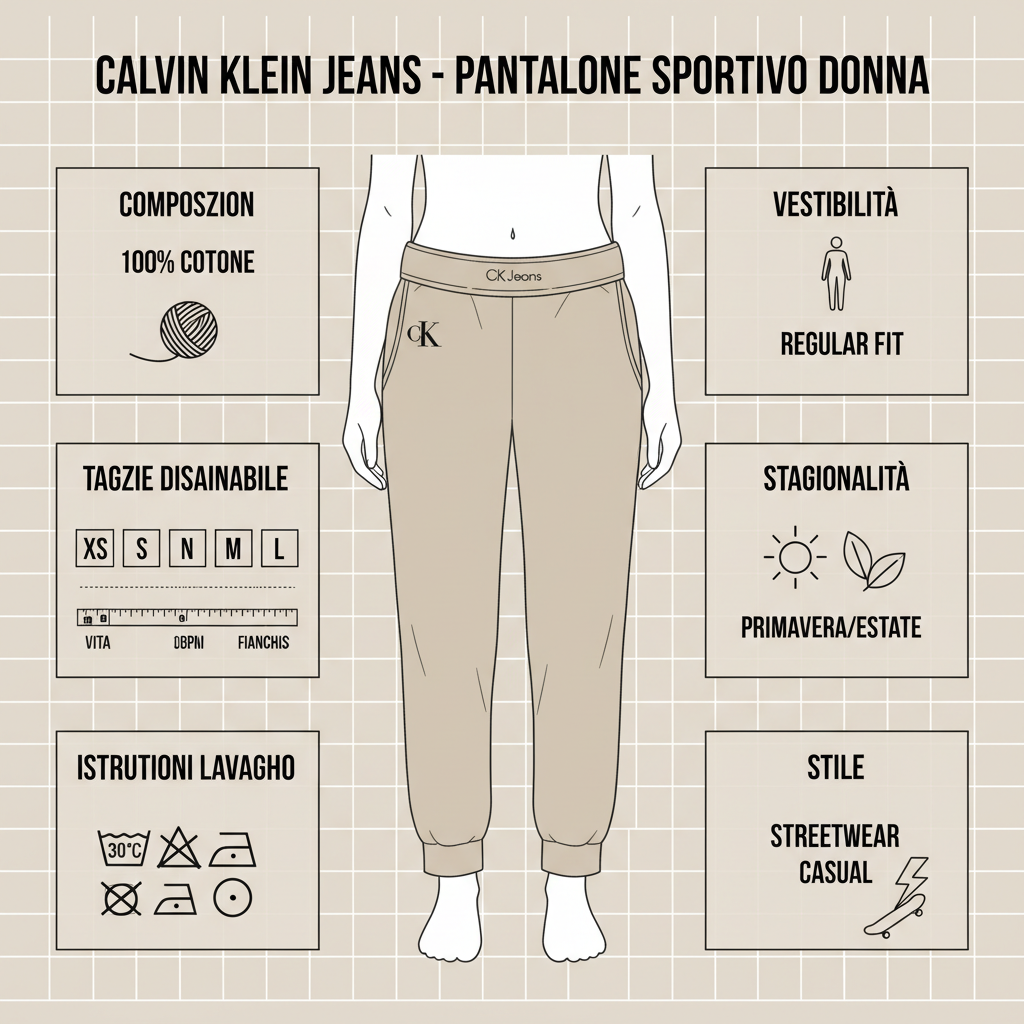 Infografica tecnica Calvin Klein Jeans pantalone sportivo donna: composizione cotone, vestibilità, taglie, lavaggio, stagionalità PE26