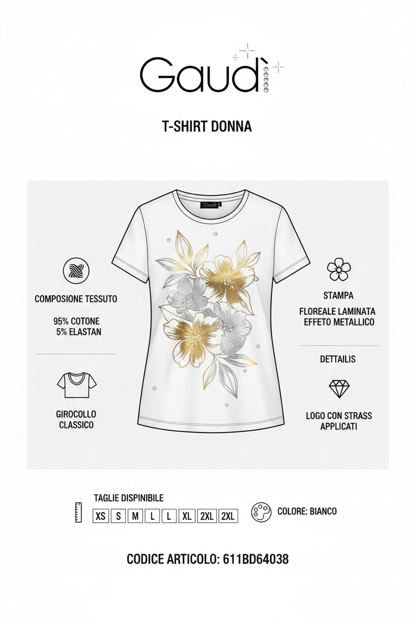 Infografica tecnica t-shirt donna Gaudì 611BD64038 stampa floreale laminata strass - composizione tessuto, taglie, dettagli