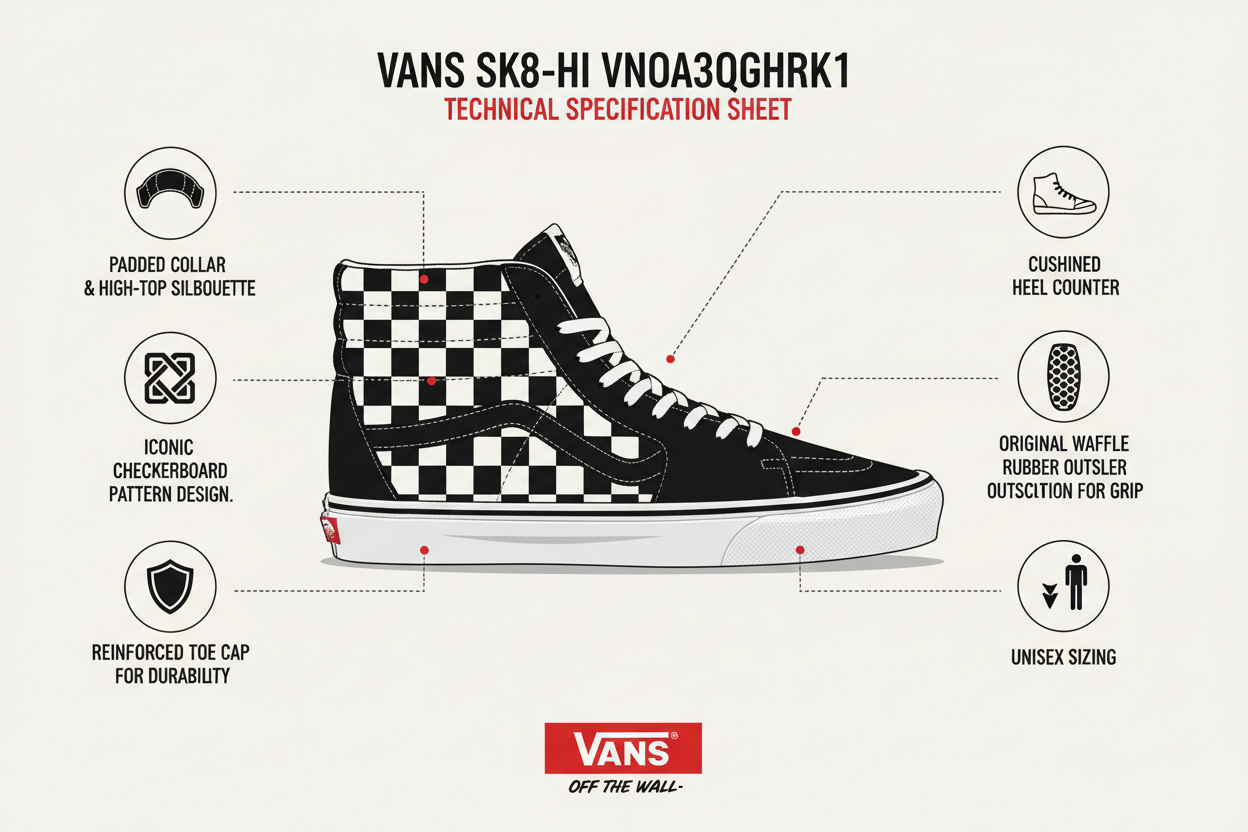 Vans SK8-HI VN0A32QGHRK1 checkerboard specifiche: pattern quadri nero bianco, high-top imbottito, punta rinforzata, suola waffle grip, canvas pelle, peso 380g