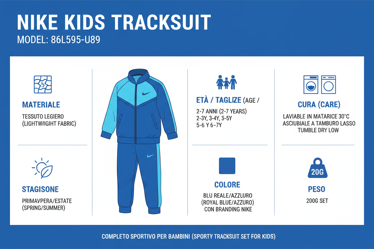 Infografica tecnica Nike Tuta Bambino 86L595-U89: materiali, taglie, cura, peso