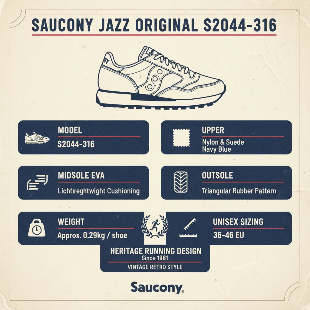 Infografica tecnica Saucony Jazz Original S2044-316 specifiche nylon suede EVA heritage 1981