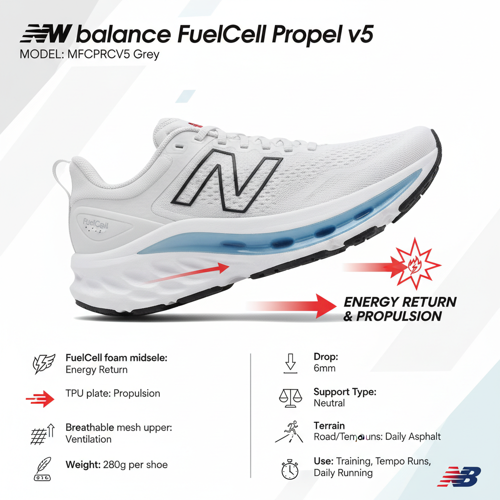 Infografica tecnica New Balance FuelCell Propel v5 con specifiche FuelCell foam piastra TPU