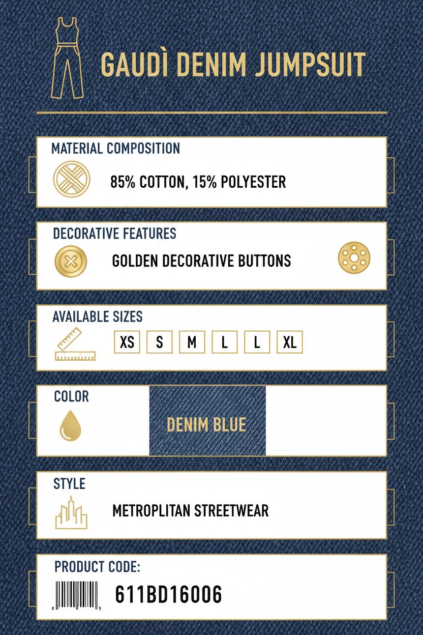Infografica tecnica tuta denim donna Gaudì 611BD16006 - composizione tessuto, taglie, dettagli bottoni dorati