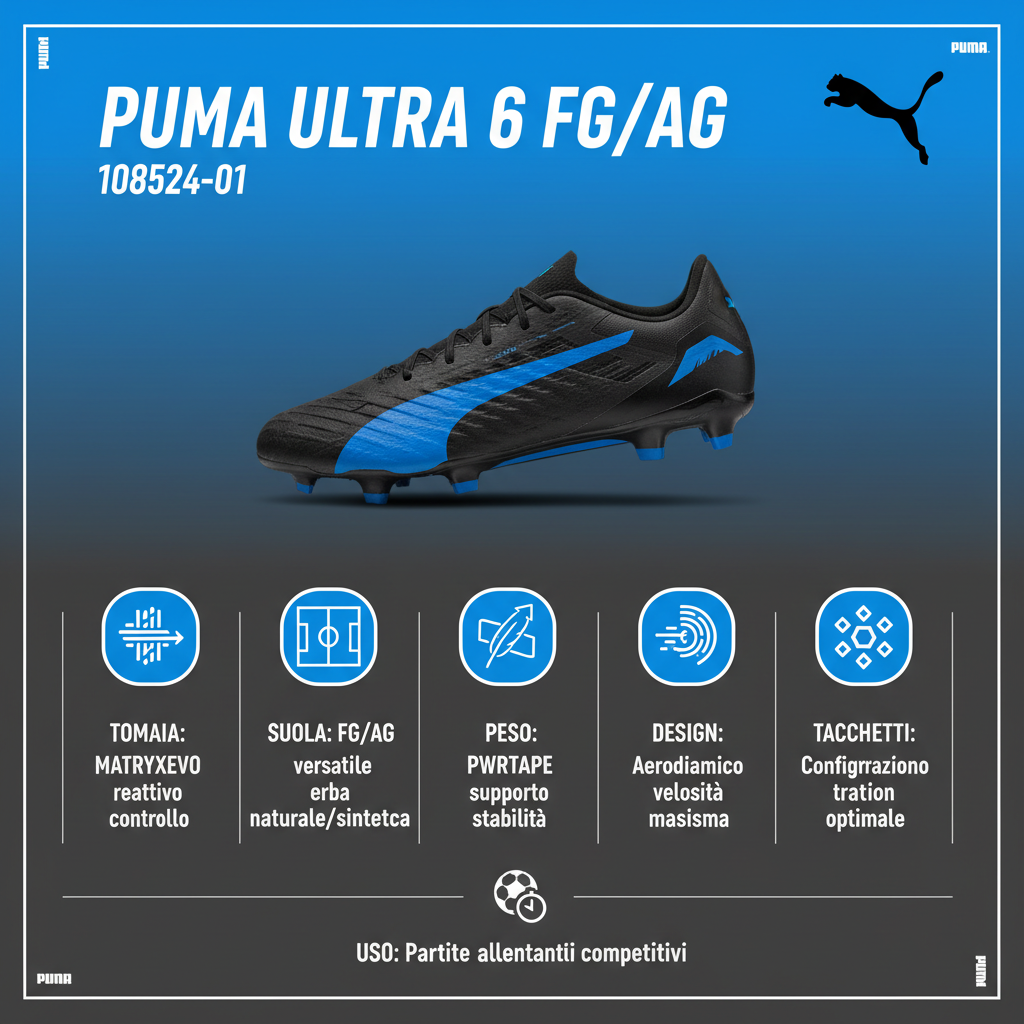 Infografica tecnica Puma ULTRA 6 FG/AG 108524-01 - specifiche MATRYXEVO PWRTAPE velocità