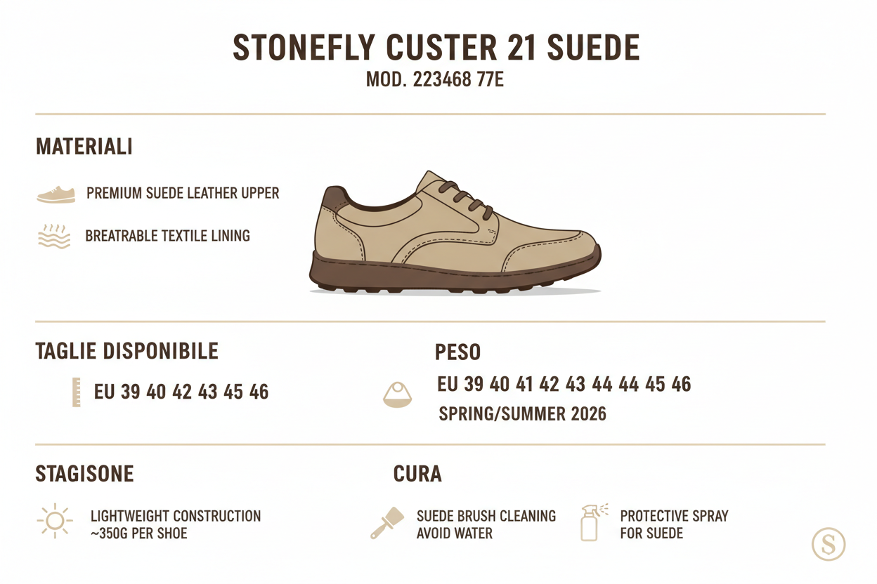 Infografica tecnica Stonefly Custer 21 Suede scarpe casual uomo - specifiche materiali taglie peso stagione