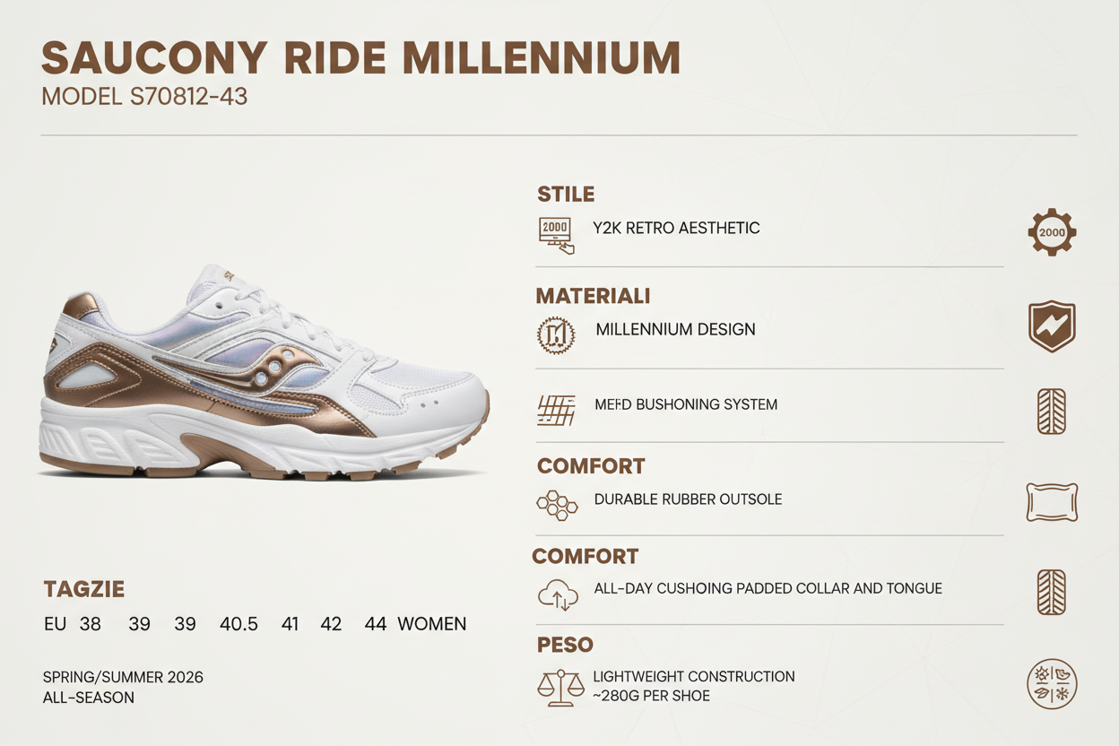 Infografica tecnica Saucony Ride Millennium sneakers donna Y2K retro - materiali Grid cushioning taglie