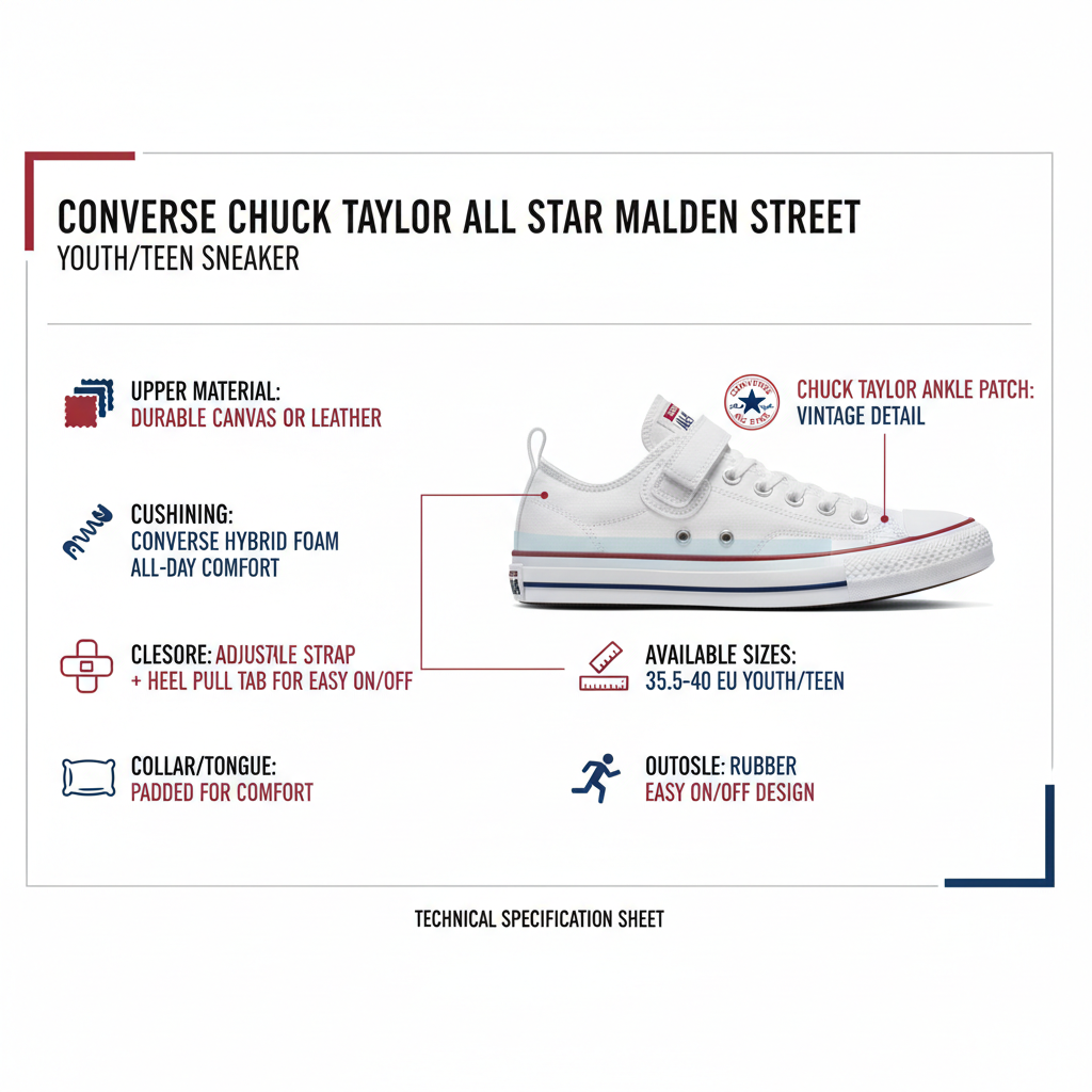 Infografica tecnica Converse Chuck Taylor Malden Street youth bianco - canvas/pelle resistente, Hybrid foam, fascetta caviglia, linguetta tallone, taglie 35½-40