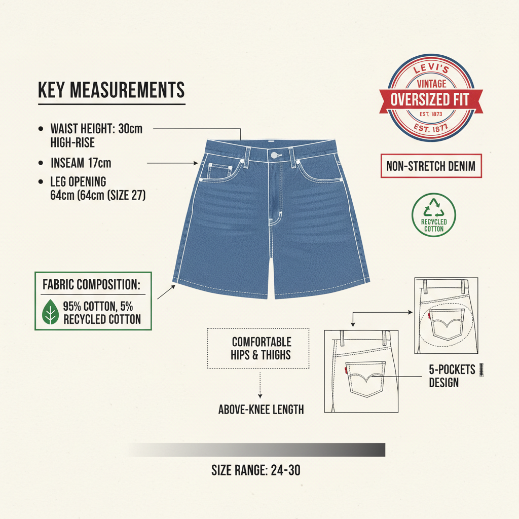 Infografica tecnica Levi's Short Oversize Vita Alta - misure 30cm cotone riciclato vintage