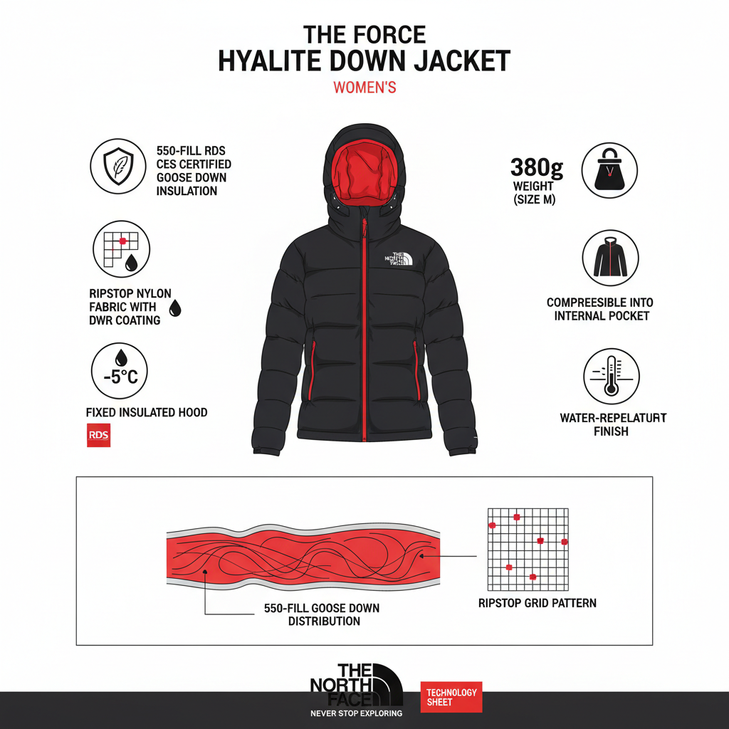 Infografica tecnica The North Face Hyalite: 550-fill RDS, ripstop DWR, cappuccio fisso, 380g, comprimibile, -5°C