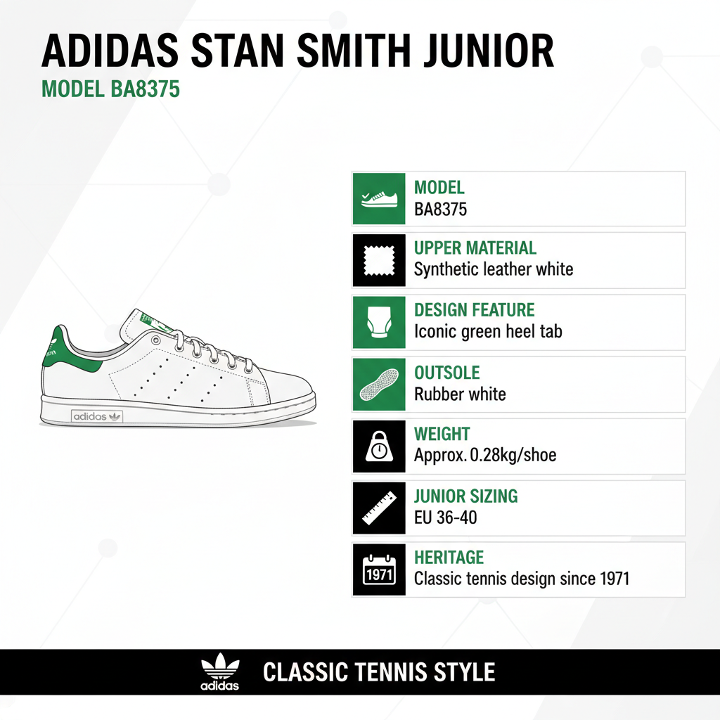 Infografica tecnica Adidas Stan Smith BA8375 specifiche pelle sintetica tallone verde heritage tennis 1971