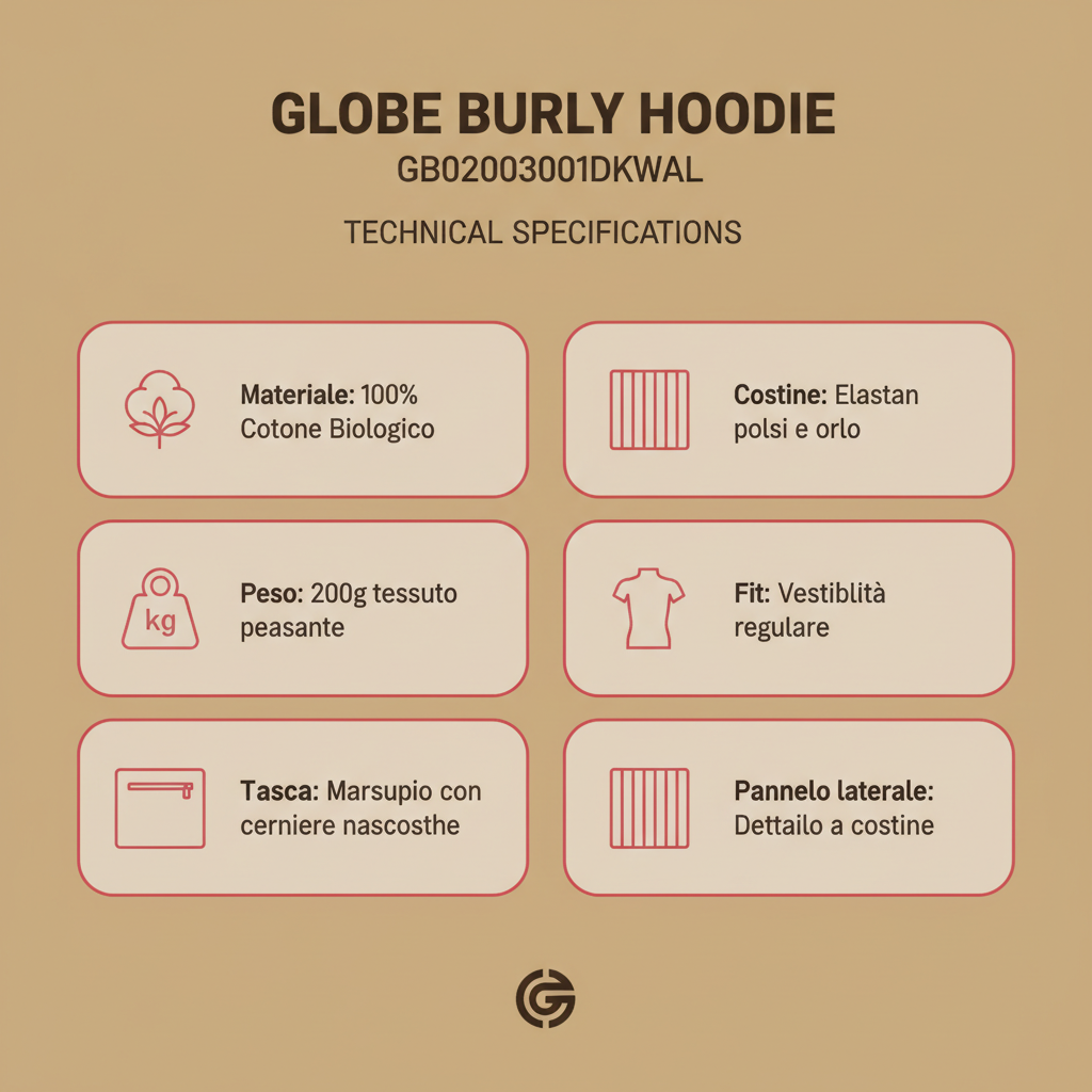 Infografica tecnica Globe Burly Hoodie GB02003001DKWAL - specifiche cotone biologico tasca zip