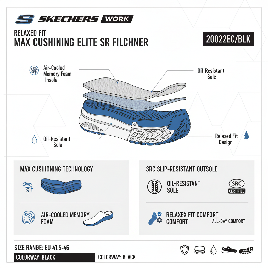 Infografica tecnica Skechers Work Max Cushioning Elite SR Filchner 200022EC/BLK con specifiche SRC, Memory Foam, resistenza gasolio
