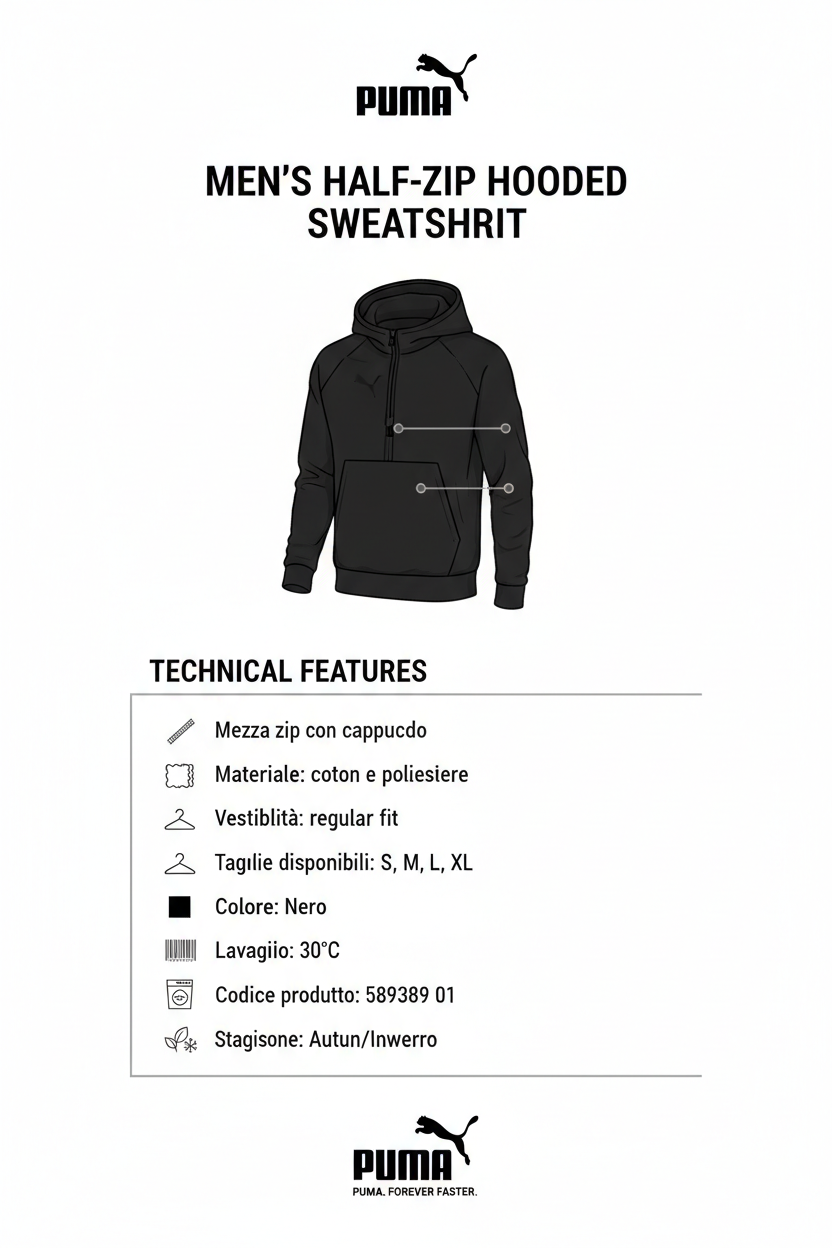 Infografica tecnica Puma RAD/CAL DK 589389-01 felpa mezza zip cappuccio nero specifiche materiali taglie