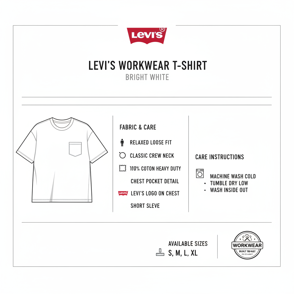 Infografica tecnica Levi's Workwear bianco - 100% cotone resistente, fit ampio relaxed, taschino petto, taglie disponibili