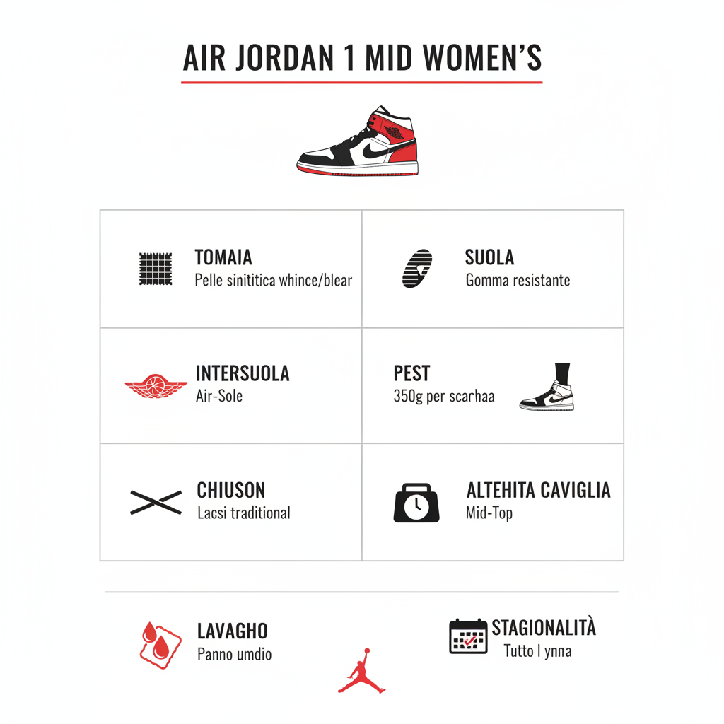 Infografica tecnica Air Jordan 1 Mid DV0991-101 - Caratteristiche materiali tecnologia ammortizzazione cura