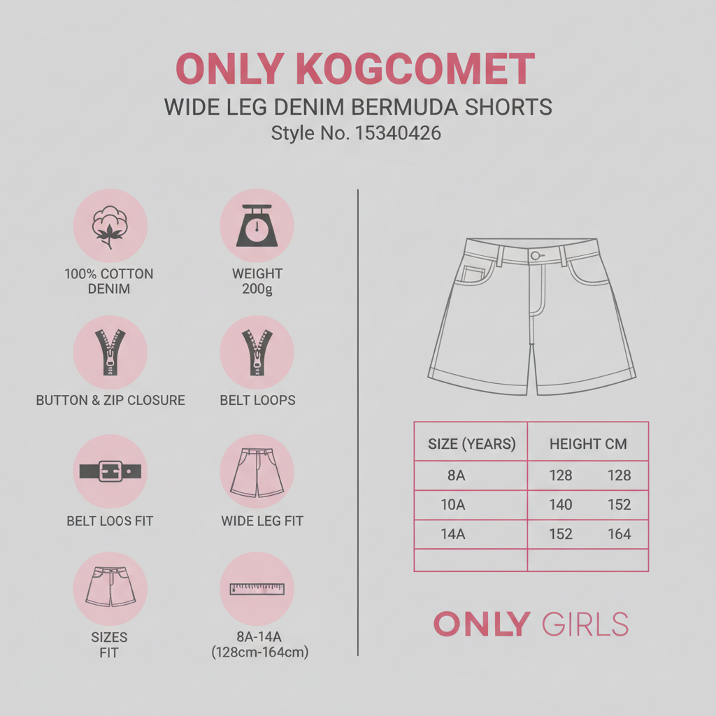 Infografica tecnica Only KOGCOMET bermuda jeans 15340426: cotone 100%, peso 200g, bottone zip, passanti cintura, wide leg fit, taglie 8A-14A