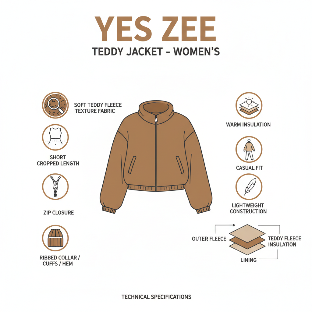Infografica tecnica YES ZEE Giubbino Teddy: teddy fleece, corto cropped, zip, bordature coste, caldo, 400g