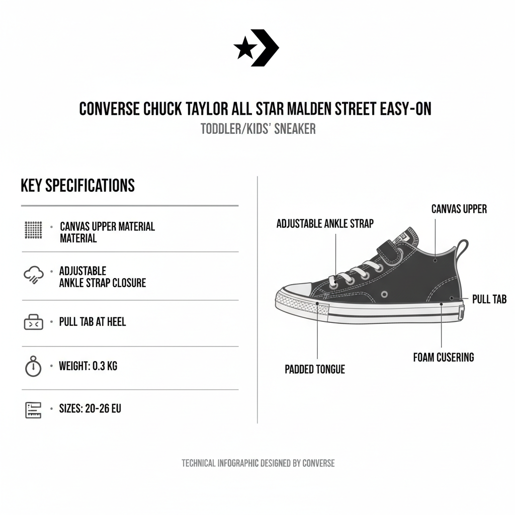 Infografica tecnica Converse Chuck Taylor All Star Malden Street Easy-On A15842C con specifiche materiali canvas, ammortizzazione foam, strappo regolabile caviglia, taglie 20-26
