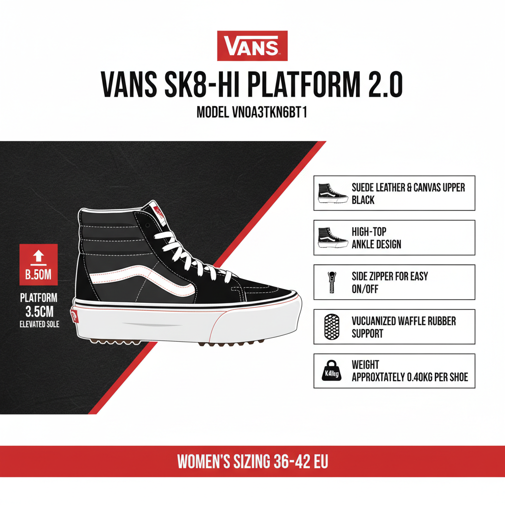 Infografica tecnica Vans Sk8-Hi Platform 2.0 VN0A3TKN6BT1 specifiche zeppa 3.5cm zip laterale waffle