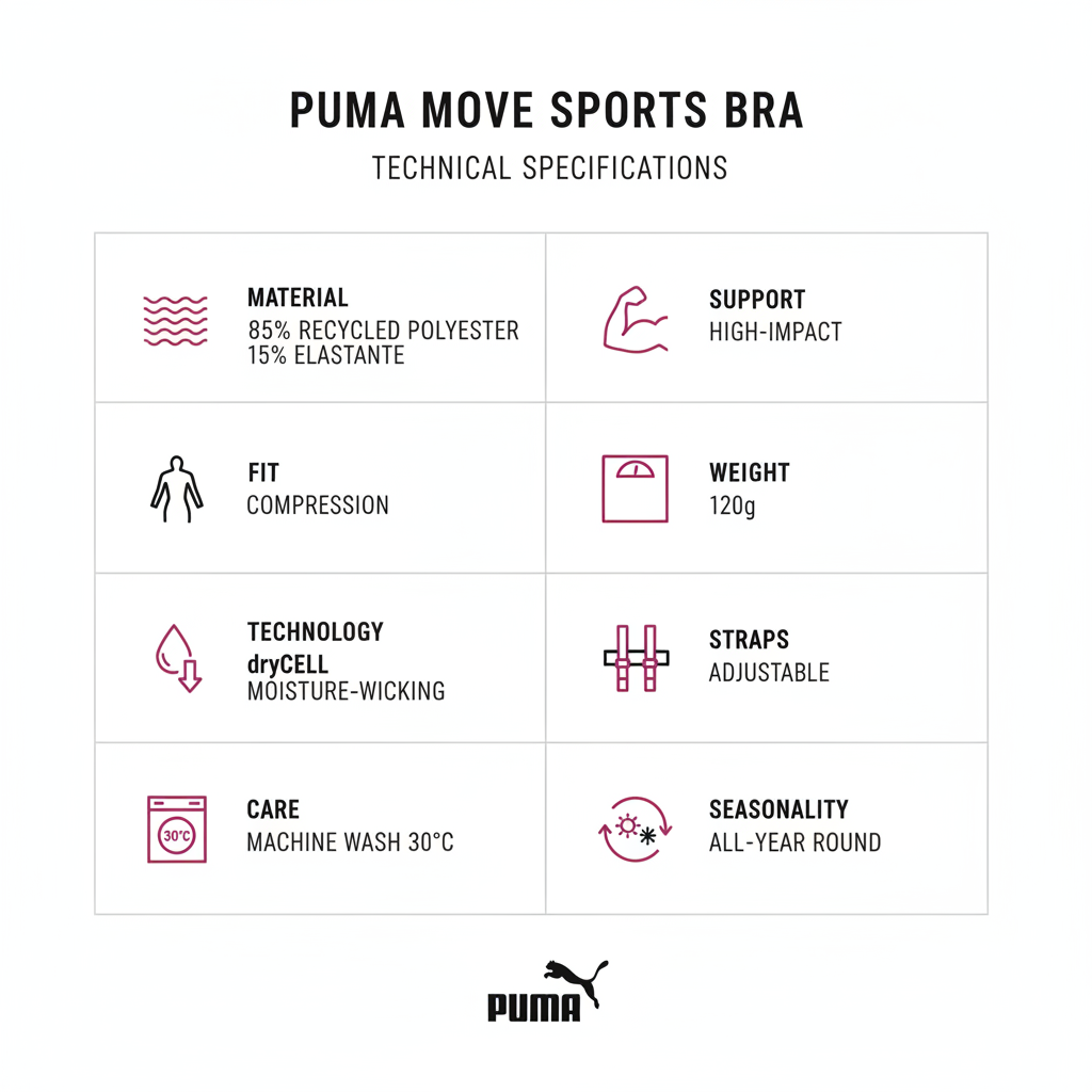 Infografica tecnica Puma Reggiseno Sportivo Move 527140-89 - Caratteristiche materiali supporto tecnologia lavaggio