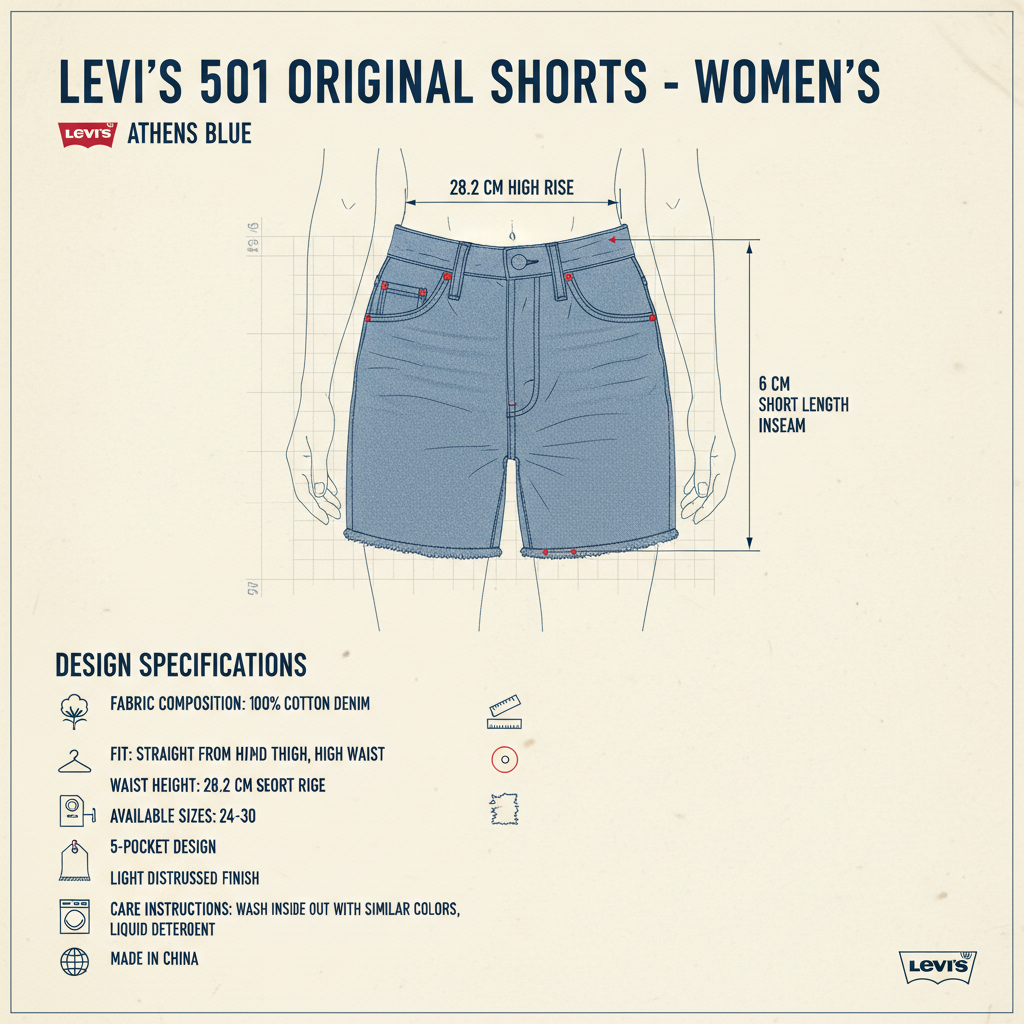 Infografica tecnica Levi's 501 Original Shorts donna Athens blu - denim 100% cotone, vita alta 28cm, taglio dritto, orlo raw, taglie disponibili
