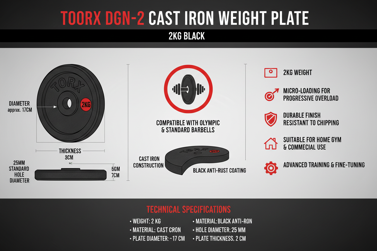 Infografica tecnica Toorx DGN-2 disco ghisa 2kg nero: foro 25mm, micro-carico, progressione avanzata, anti-ruggine