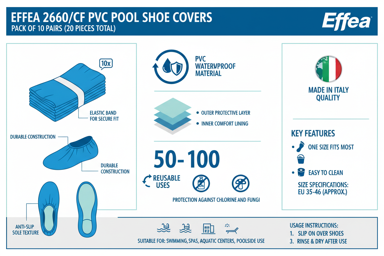 Infografica tecnica Effea 2660/CF copriscarpe PVC piscina blu: confezione 10 paia, impermeabili, riutilizzabili 50-100 usi, Made in Italy