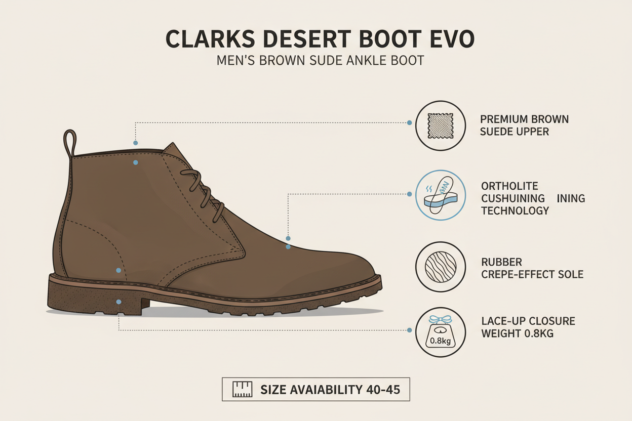 Infografica tecnica Clarks Desert Boot Evo 26166784: camoscio marrone premium, suola Ortholite, peso 0.8kg, taglie 40-45, specifiche tecniche stivaletto uomo