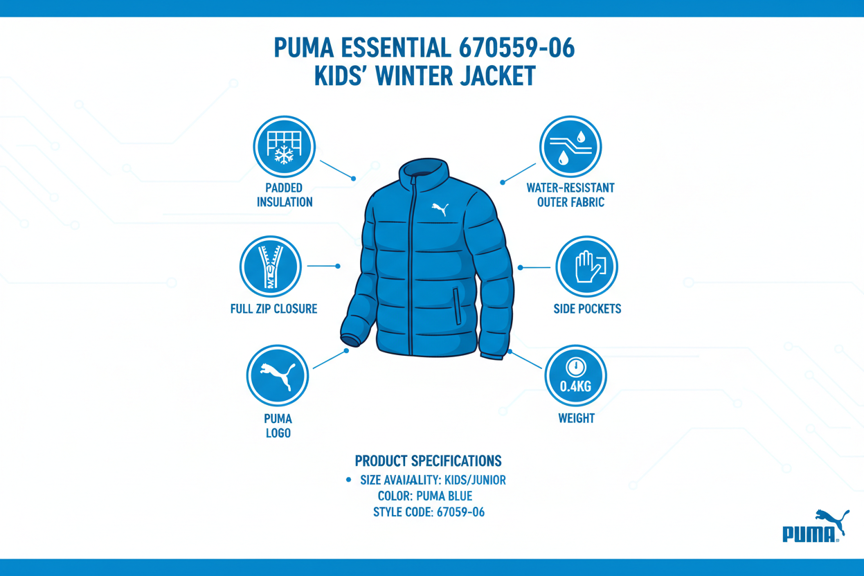 Infografica tecnica Puma Essential 670559-06: giubbotto invernale bambino blu, imbottitura termica, zip completa, peso 0.4kg, taglie kids, specifiche tecniche piumino